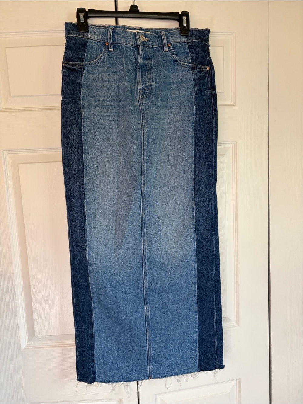 Mother Superior Tuxedo Flagpole Fray Two-Tone Denim Maxi Skirt 28 Double Stacked